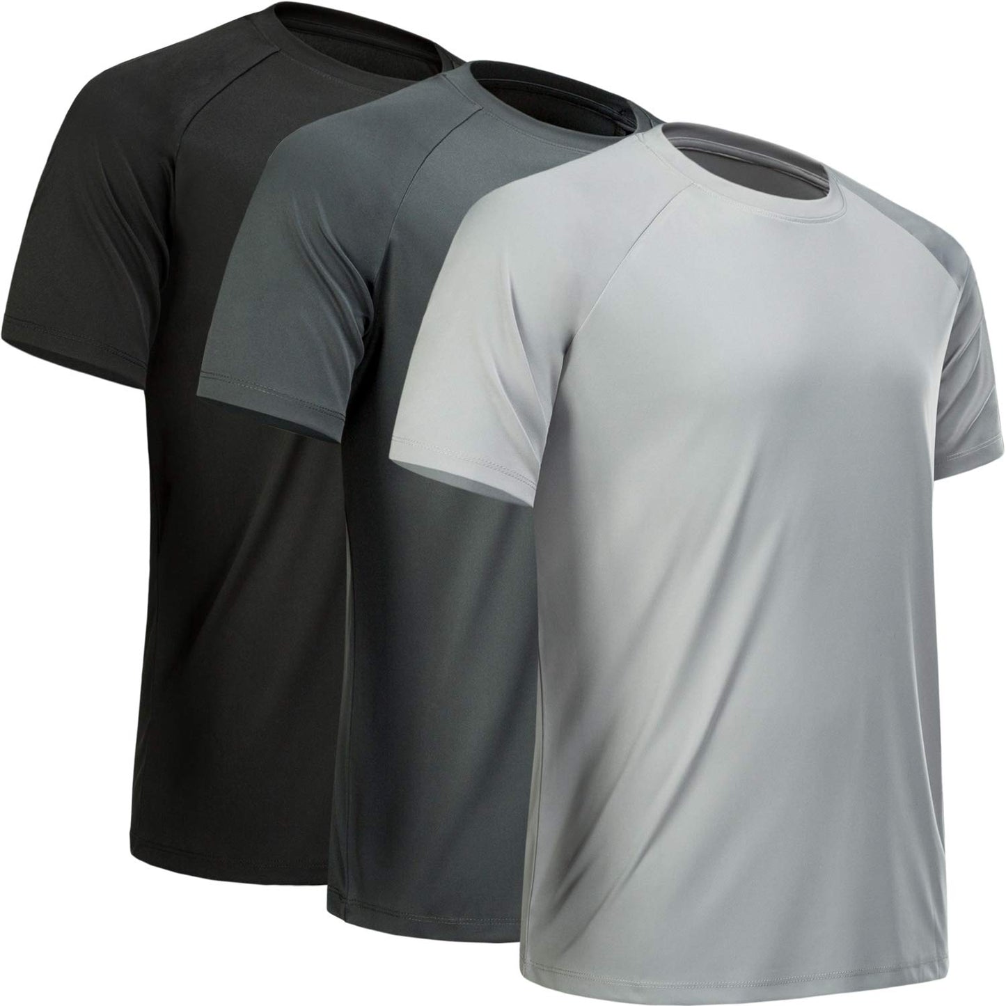 MCPORO Workout Shirts for Men Short Sleeve Quick Dry Athletic Gym Active T Shirt Moisture Wicking 3 Pack Black, Dark Grey, Light Grey X-Large
