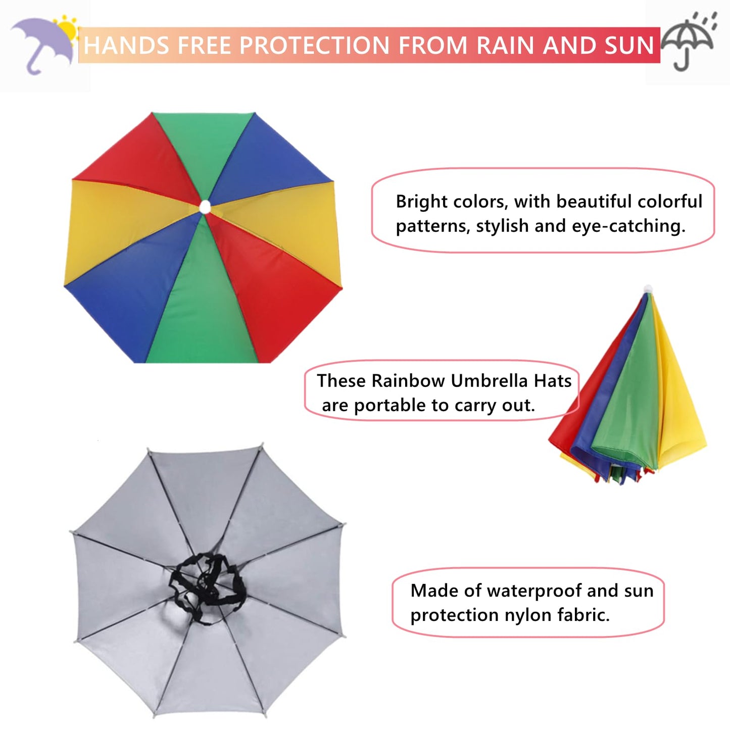 3 Pack Umbrella Hat for Adult, 26" Diameter Rainbow Sports Head Umbrella Hats for Women Men, Folding Waterproof Fishing Headwear for Outdoor Party Beach Hiking