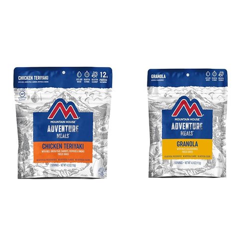 Mountain House Chicken Teriyaki with Rice 2 Servings & Granola with Milk & Blueberries 2 Servings Freeze Dried Backpacking & Camping Food