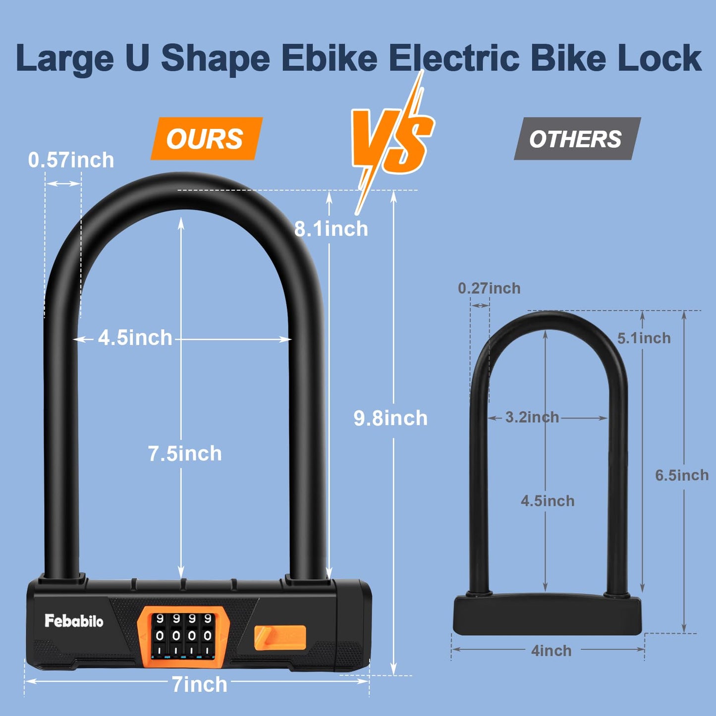 Febabilo Bike Locks Heavy Duty Anti Theft, Combo Bike U Lock, 4-Digit Resettable Combination E-Bike Large U Shaped Lock with 5Ft Steel Cable for Electric Bike, Bicycle, Escooter, Motorcycle,Door