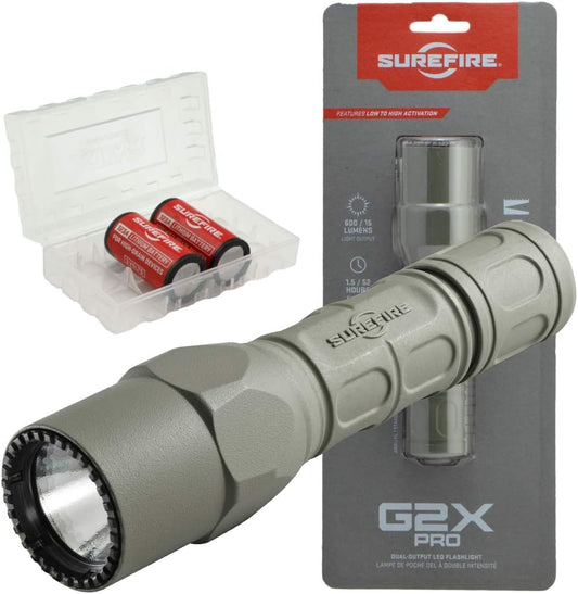 SureFire G2X Pro 600 Lumen Tactical EDC Flashlight Bundle with 2 Extra CR123A Batteries and Lightjunction Battery Case (Green)