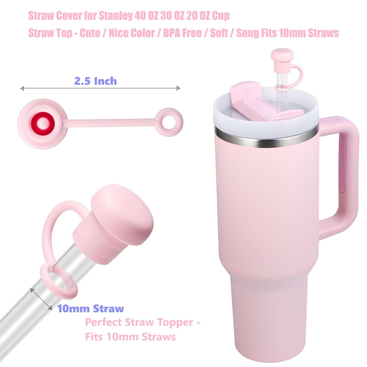 6-Pack Straw Covers for Stanley Cup, Silicone Straws Topper-s for 40 30 20 oz Stanley Cups Accessories, Straw Cover Caps for Yeti Tumbler, Cute Leakproof Anti-Dust Reusable, Pink White Clear