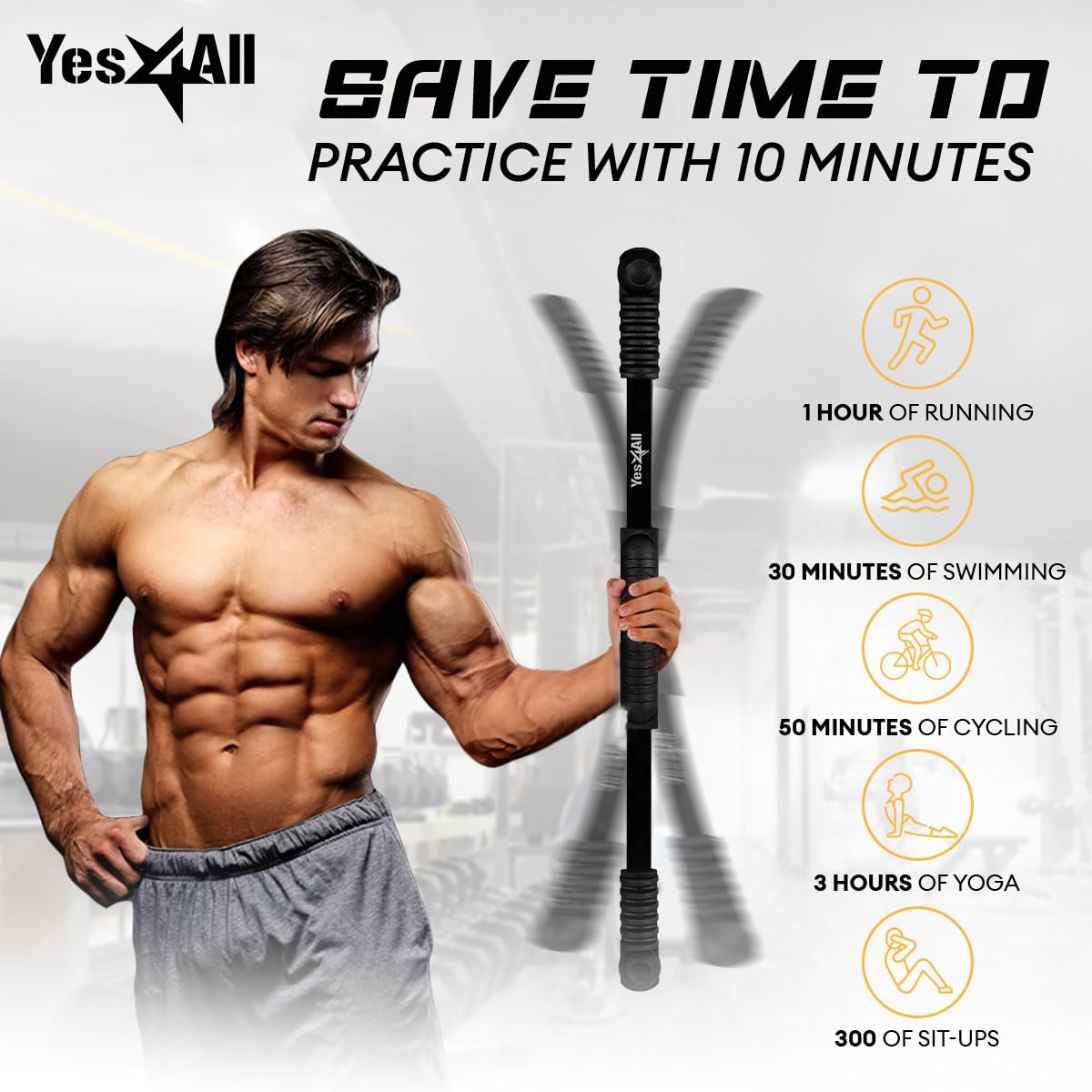 Yes4All Flex Bar, Elastic Fitness Bars with Strong Fiberglass & TPE Material, 2in1 Functional Exercise Bar, 9.5 inch Comfortable Grip, High Frequency Vibration Training, Build Muscles & Burn Fat