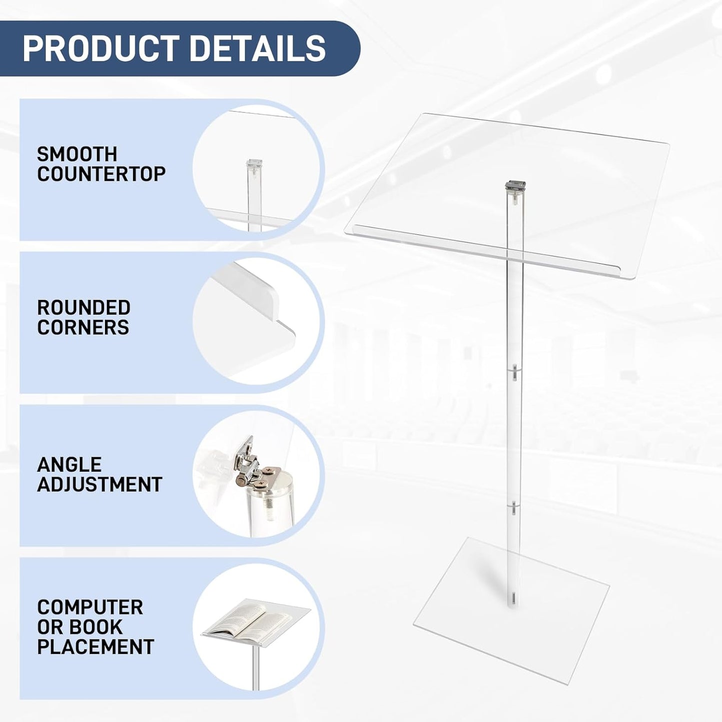 Trmullory Acrylic Podium Stand Angle Adjustable 17.7" L x 13.7" W x 47" H Clear Podium Suitable Pulpit Podium for Concerts、Churches、classrooms、lectures、 Weddings Portable Podium