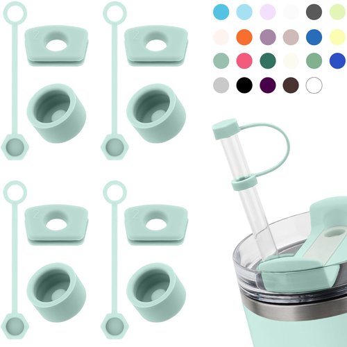 Silicone Spill Stopper Set Compatible with Stanley Cup 2.0 30oz & 40oz with Straw Cover (Set of 4, Seafoam)