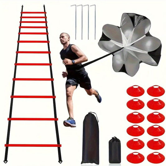 Agility Ladder Speed Training Equipment Set 20ft Agility Ladder, 4 Steel Stakes，12 Soccer Cones, Running Parachute and Carry Bag, Speed Training Equipment for Soccer Football Basketball (Red)