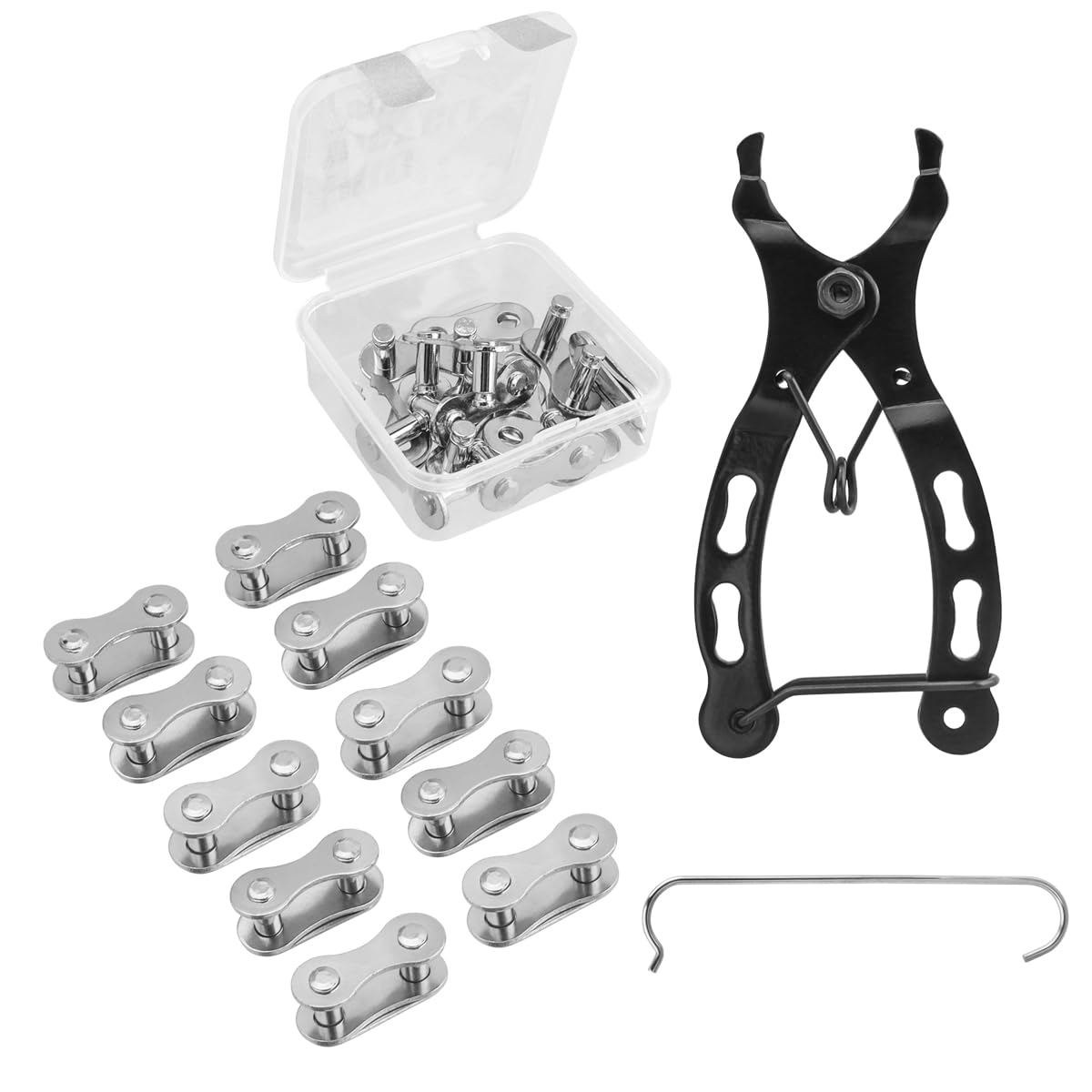 Eyech Bicycle Chain Tool Kit, 10 Pairs Quick Link Reusable Bicycle Buckle for Single Speed Silver Steel, Carbon Steel Bike Link Plier with Hook, Bike Magic Buckle Missing Link Connector