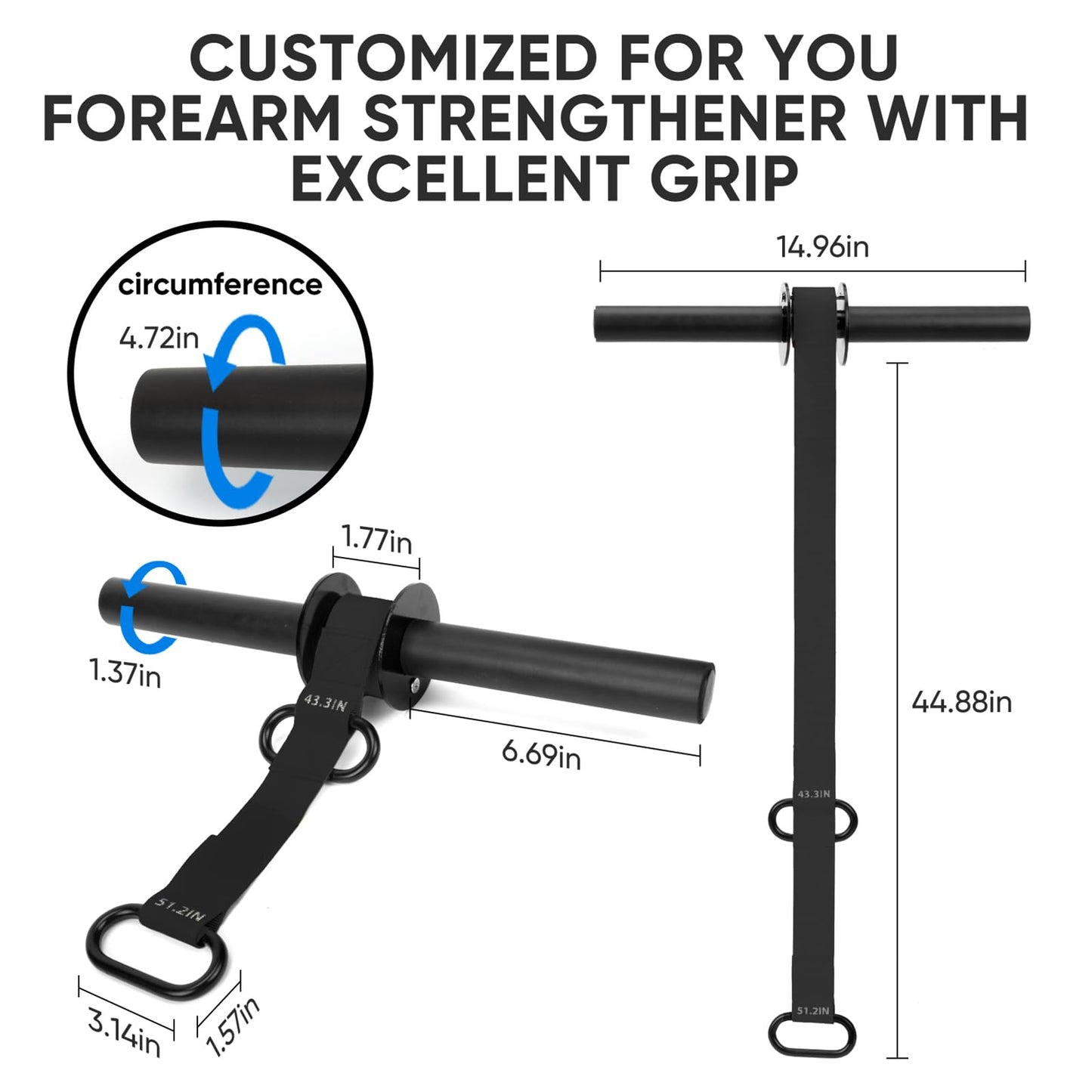 Forearm Strengthener and Wrist Roller, 43.3 inch Or 51.2 inch Ultra Strong Nylon Webbing, Forearm Exerciser with Quick Locking Mechanism, Ideal for Hand, Wrist and Forearm Strength Training (Black)