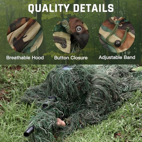 afzdby 5 in 1 Ghillie Suit,3D Camouflage Hunting Apparel Including Jacket,Pants, Hood, Carry Bag Suitable for Unisex Kids men