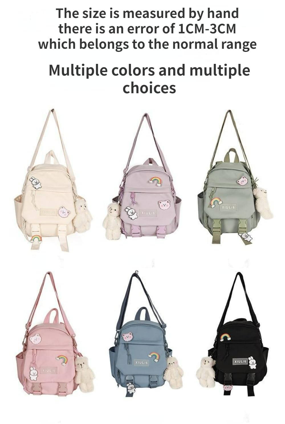 AlmondJoy Mini Backpack Aesthetic Backpack Cute Canvas Backpack Casual Travel Daypacks Solid Color (Bag Badge Bear,White)