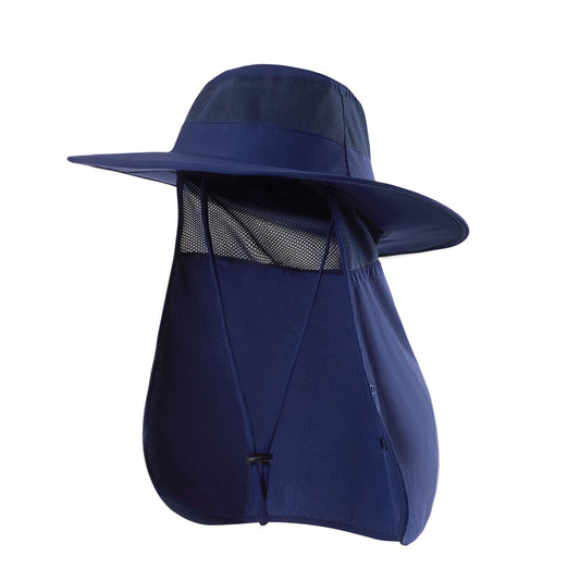 Sclzoed Fishing Hat for Men，Outdoor Sun Hat UPF52+ Mesh Wide Brim Fishing Hat with Neck Flap Navy Blue
