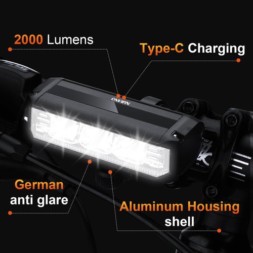 ONVIAN 2000 Lumen Bike Headlight Rechargeable, 4 LED Bike Light Modes for Night Riding, Sturdy Aluminum Alloy Installation for Bicycle Snowblower 4Wheelers Cycling MTB Headlights Handlebar Accessories