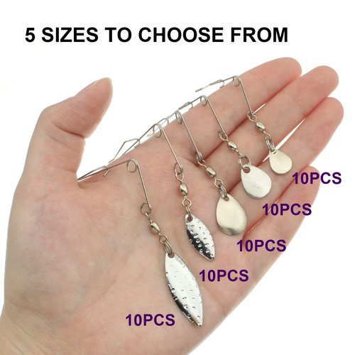 Ghanneey 50Pcs Spinnerbaits Smooth Spoons Kit 3 Size of Fishing Spinner Blades Kit with Willow Fishing Lures Replacement Accessories
