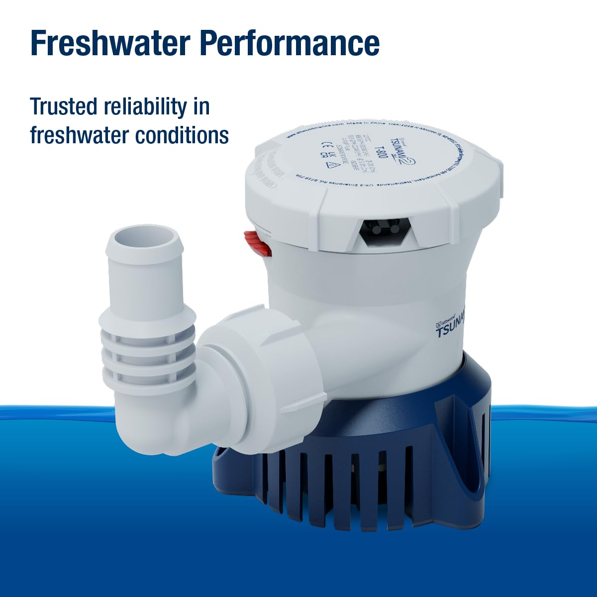 Attwood Tsunami Mk2 T800, 12V, Manual Bilge Pump, 800 GPH, with Fittings (Elbow & Straight), Direct Replacement for Attwood 4608-7