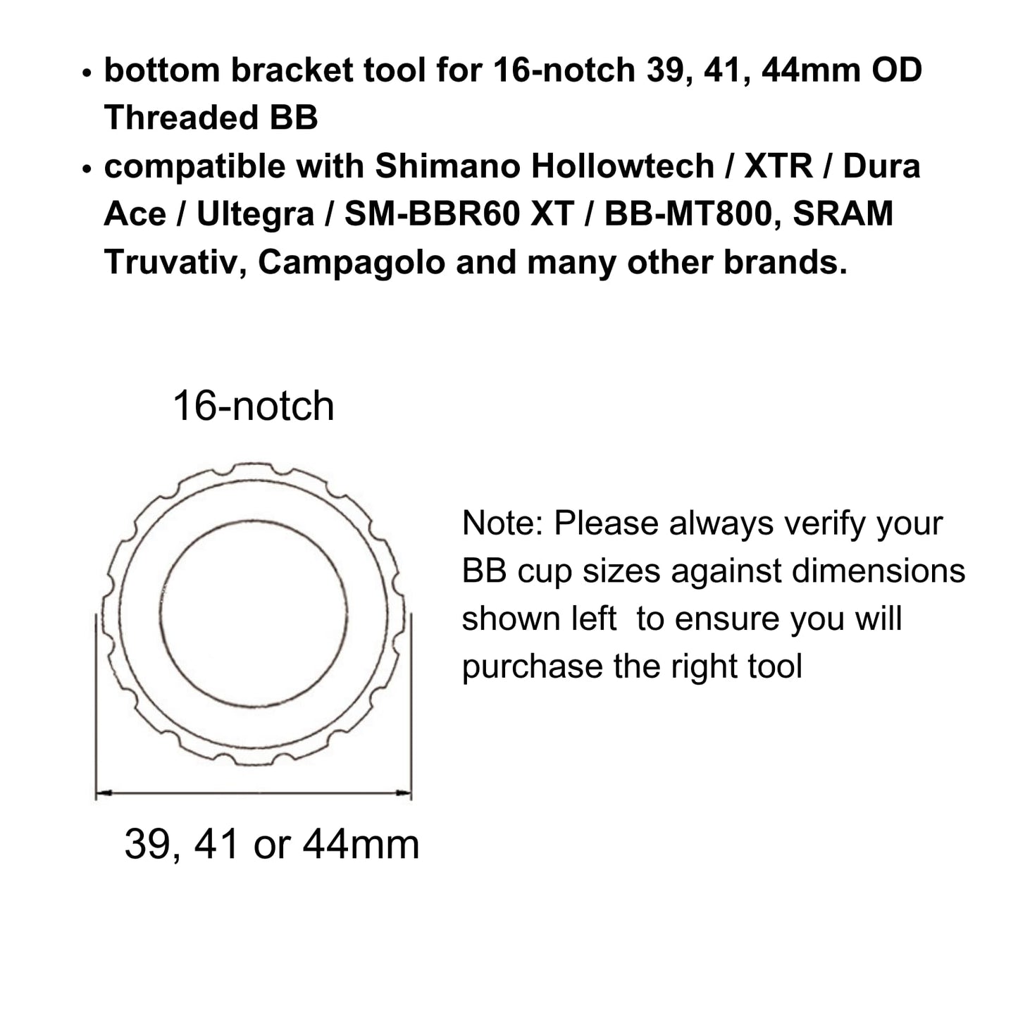Juscycling 3in1 Bottom Bracket Tool for 16-Notch 39, 41, 44mm OD Threaded BB, Compatible with Shimano Hollowtech/XTR/Dura Ace/Ultegra/SM-BBR60/BB-MT800, SRAM Truvativ, Campagolo and Many Other Brands