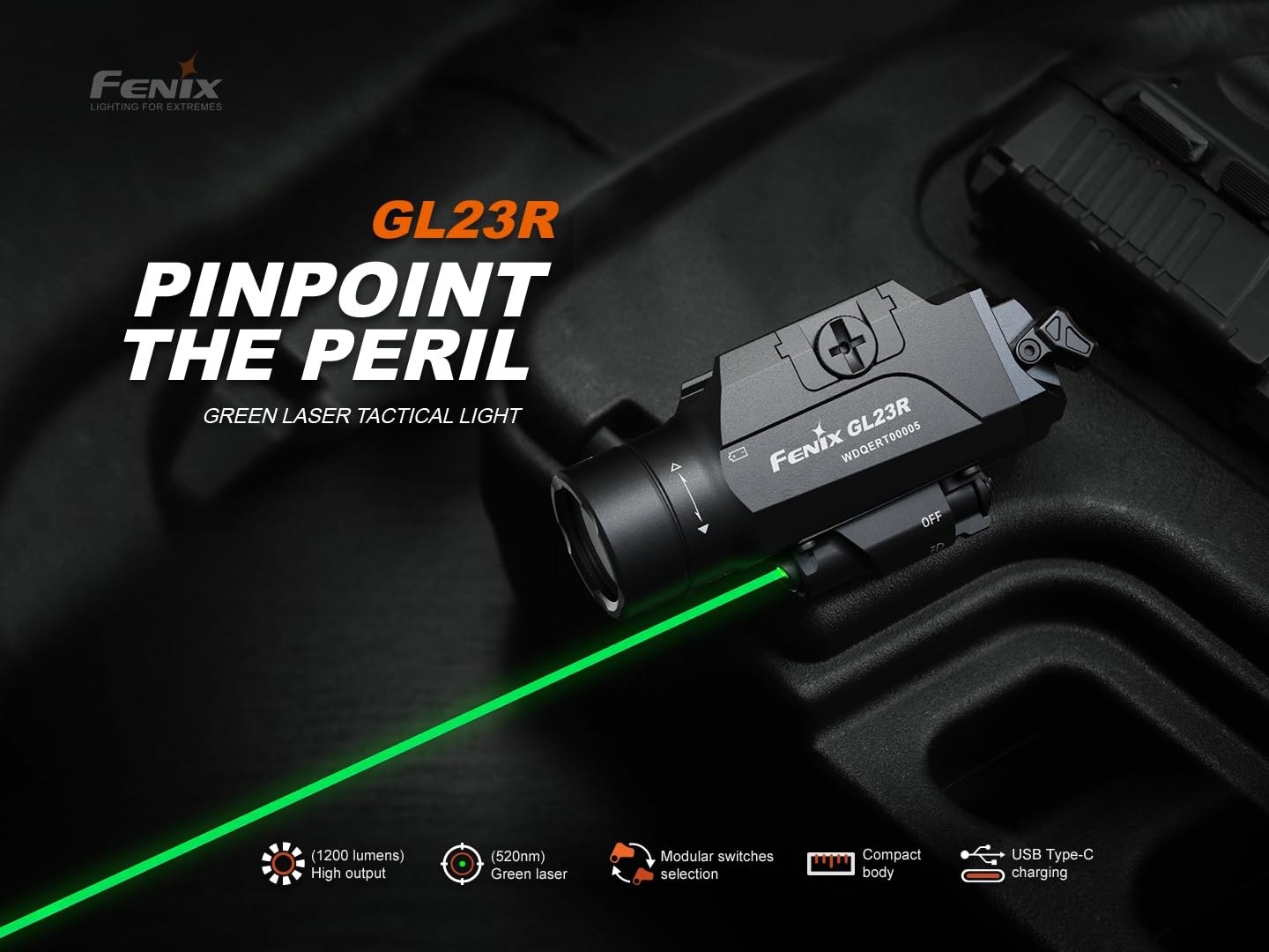 Fenix GL23R 1200 Lumen Rail Mounted Tactical Flashlight, USB-C Rechargeable, Compatible with 1913 or GL Rail with Green Beam and Organizer