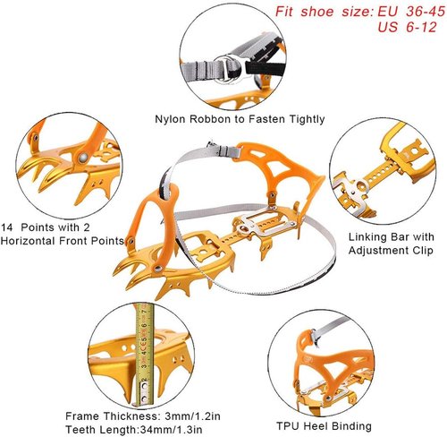 BRS-S3 Ultralight 14 Teeth Aluminium Alloy Bundled Crampons Ice Gripper Outdoor Ice Climbing Kits Crampons for Footwear (Golden)