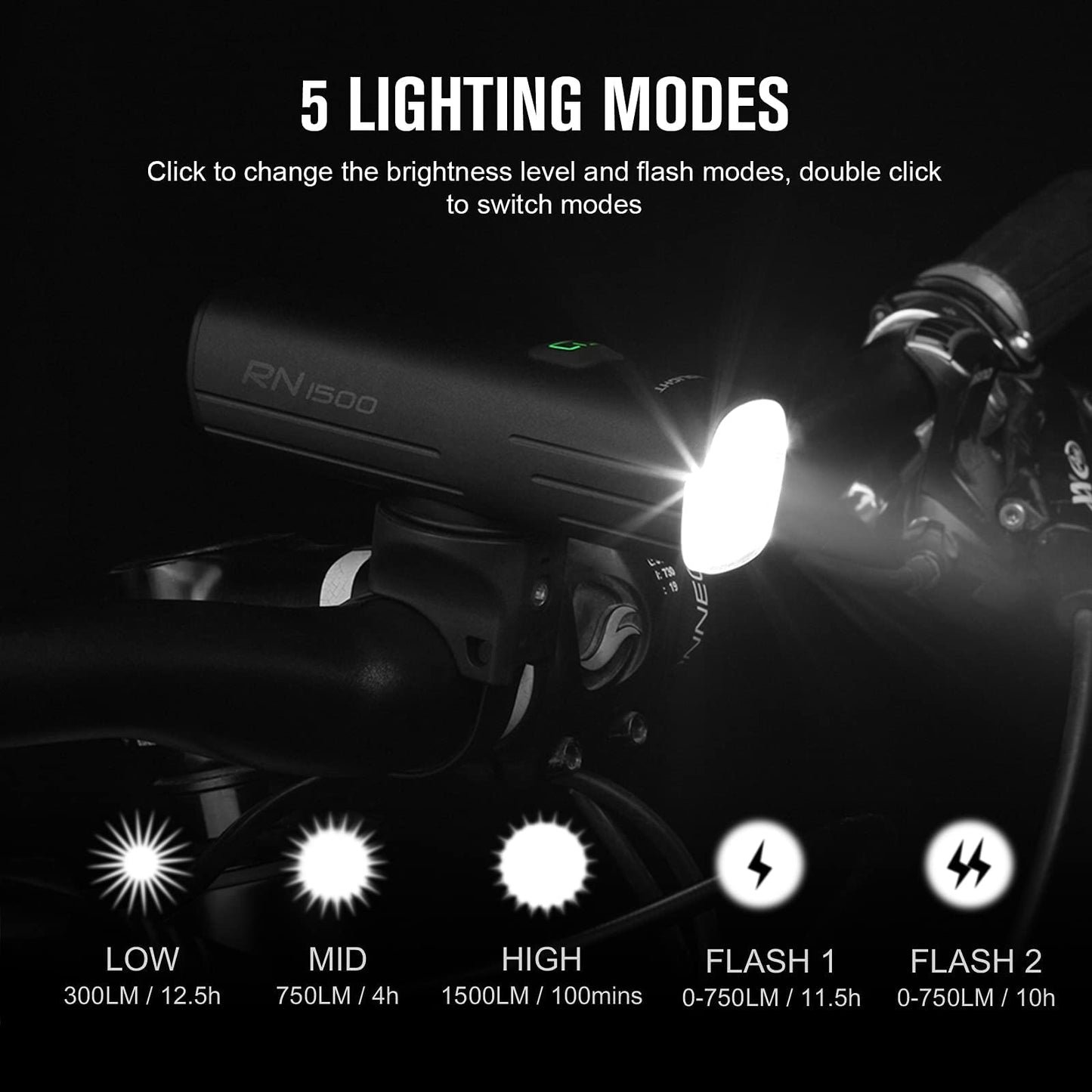OLIGHT RN 1500 Rechargeable Bike Headlights 1500 Lumens Bundle RN 120 C Bike Lights, 120 Lumens Tail Light