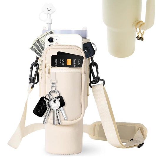 dabria Water Bottle Carrier Bag with Phone Pocket for Stanley 40 oz Tumbler Neoprene Water Bottle Holder Pouch with Adjustable Strap Bollus with Straw Cover & Letter Charm for Stanley Cup Accessories