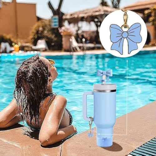 Stanley Cup Accessories Set,2Pcs Bow Straw Cover Caps Straw Toppers,1Pcs Cute Bow and Heart Handle Charm and 1Pcs Bow Silicone Boot for Stanley 30&40oz Tumbler (Blue)