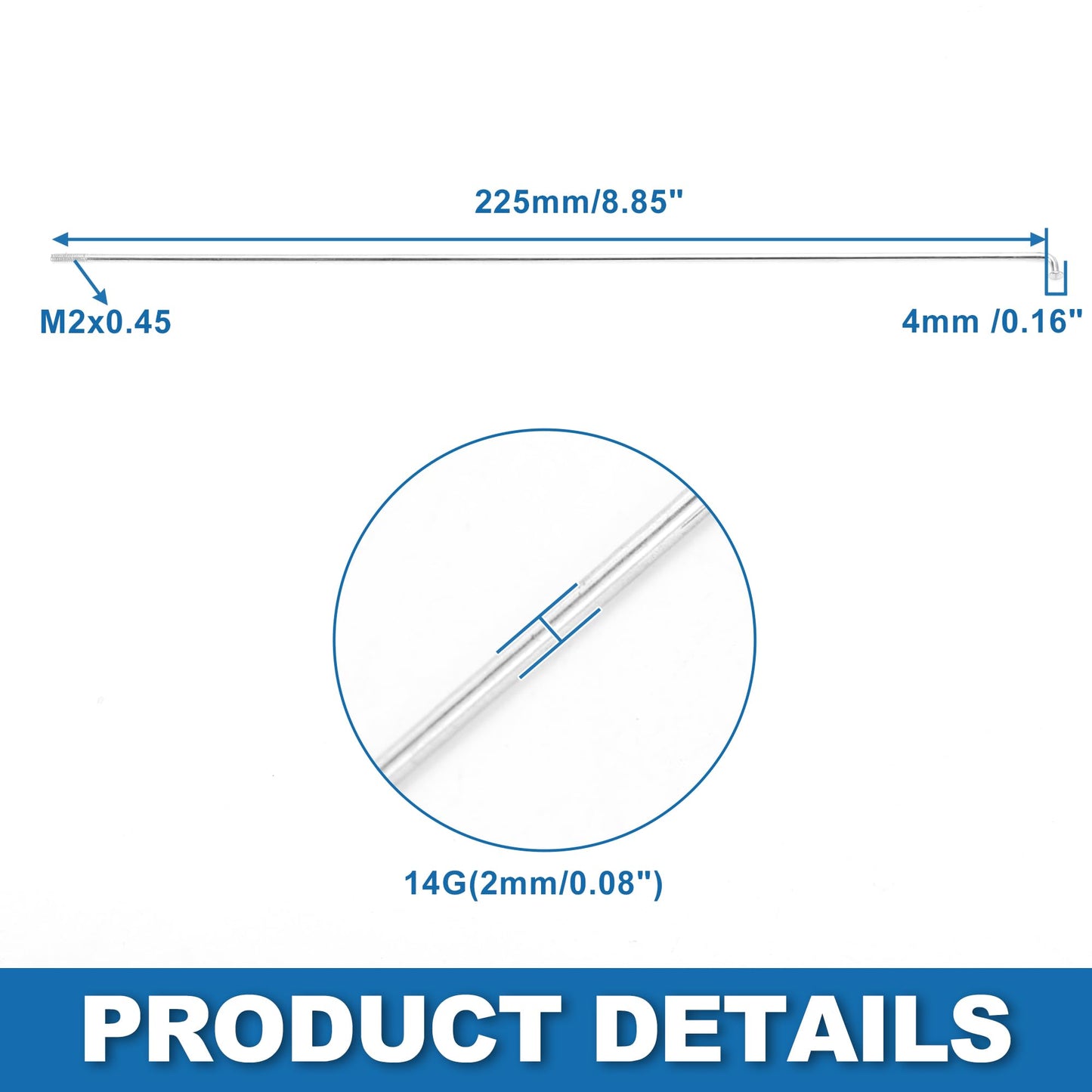 A ABSOPRO Bike Bicycle Spokes 14G 225MM Mountain Bike Spokes Carbon Steel Silver Tone 36Pcs