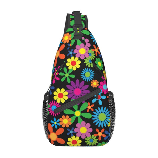 SURERUIM Hippie Flowers Sling Bag for Women Crossbody Shoulder Backpack Colorful Floral Seamless Pattern Chest Bags Aesthetic Multicolored Flower Print Gym Bag Travel Hiking Sports Casual Daypack