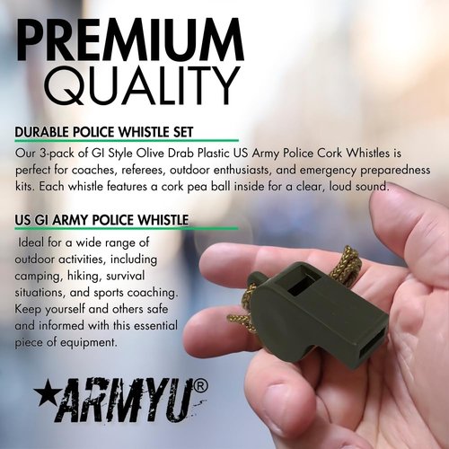 Olive Drab Plastic US Army Police Cork Whistle with Lanyard Necklace, US Military Issue OD Green NSN 8310-00-526-1110 3-Pack