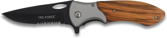 Tac-Force- Folding Pocket Knife –Partially Serrated, Black Stainless Steel Blade, Wood Handle w/Stainless Steel Bolster and Pocket Clip, Tactical, EDC, Rescue - TF-876
