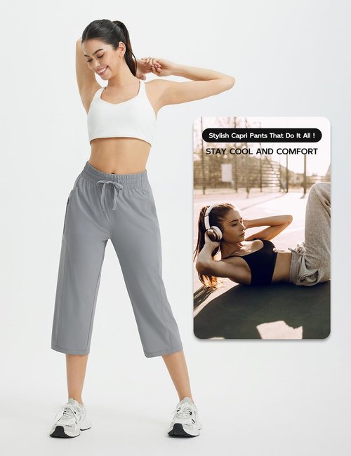 baleaf Women's Athletic Capri Pants Lightweight Quick Dry Stretch Zipper Pocket Travel Casual Outdoor UPF 50+ Gray L