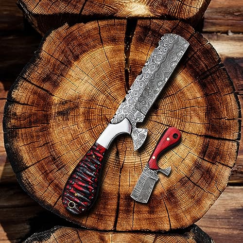8-Inch Handmade Damascus Bull Cutter Knife with Leather Sheath - Red Cowboy Knife for Hunting & Outdoor Use