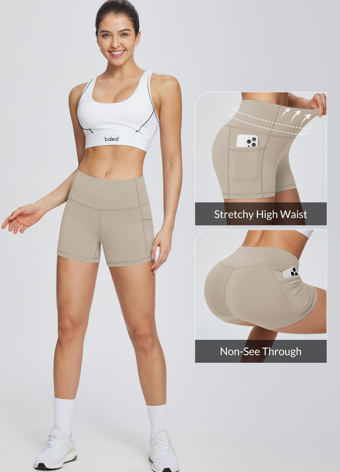 baleaf Gym Shorts Women 3" Biker Workout Yoga Spandex Running Volleyball Tummy Control Compression with Pockets Khaki M
