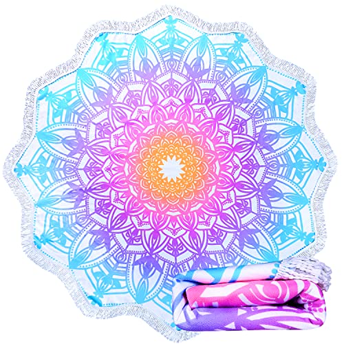 Large Boho Mandala Round Beach Towel - Fast Dry, Sand Free, 59 Inch Aqua Blue