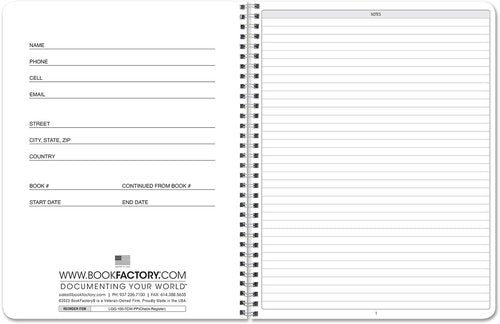 BookFactory Check Register Book/Transaction Records Log Book/for Personal or Professional Transactions - Wire-O, 100 Pages, 8.5'' x 11'' (LOG-100-7CW-PP(Check-Register))
