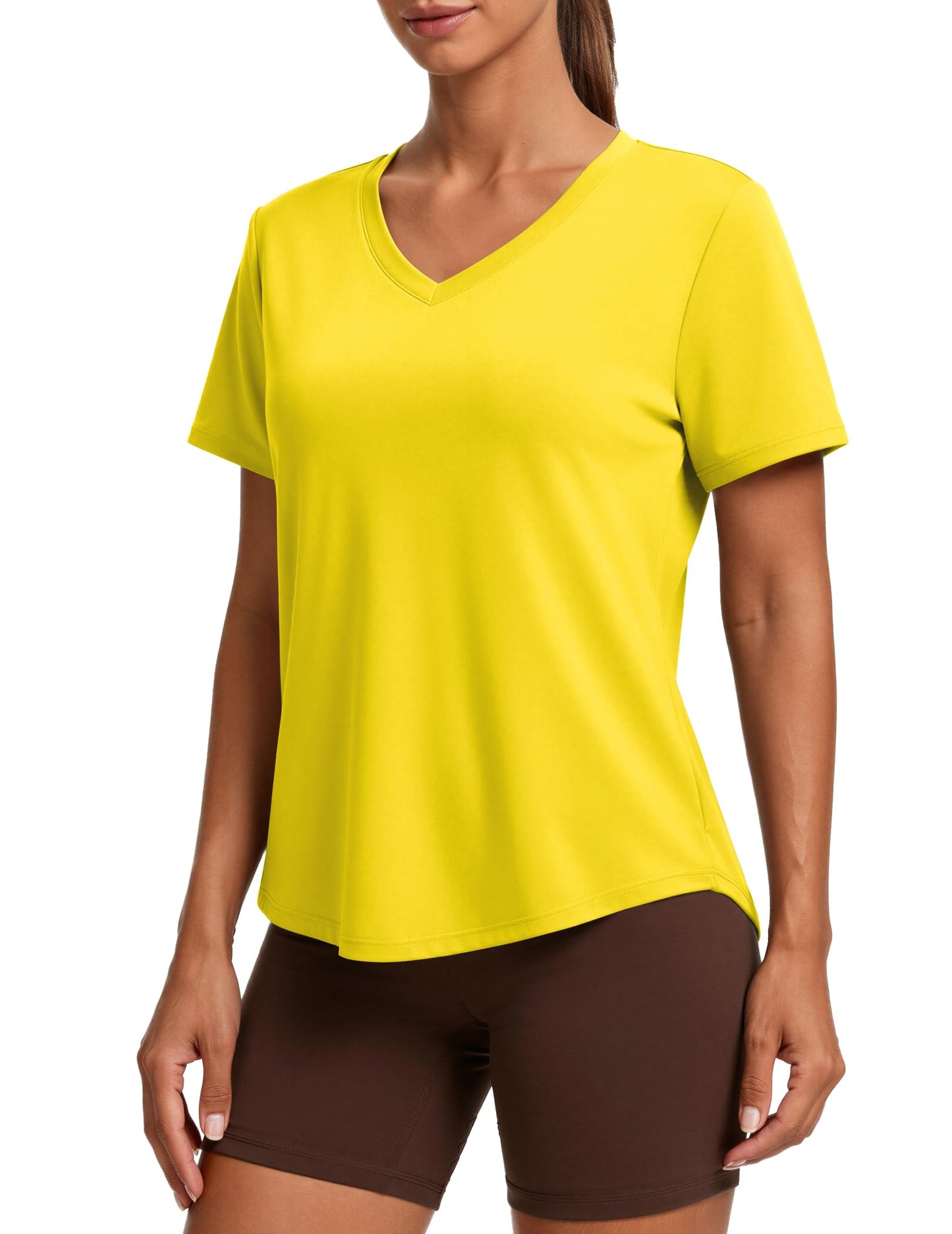 PINSPARK Womens Hiking Shirts Short Sleeve V Neck UPF 50 Sun Protection Moisture Wicking Quick Dry Outdoor Athletic Tops,Yellow XX-Large