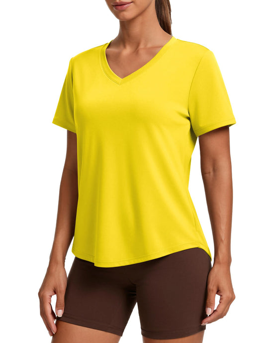 PINSPARK Womens Hiking Shirts Short Sleeve V Neck UPF 50 Sun Protection Moisture Wicking Quick Dry Outdoor Athletic Tops,Yellow XX-Large