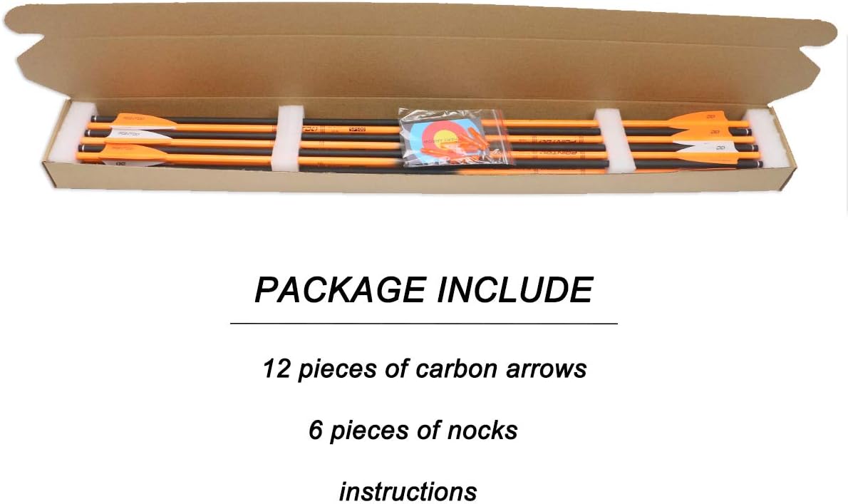 30inch Carbon Arrow Fluorescence Color Targeting and Practice and Hunting Arrows for Compound Bow and Recurve Bow with Removable Tips(Pack of 12)