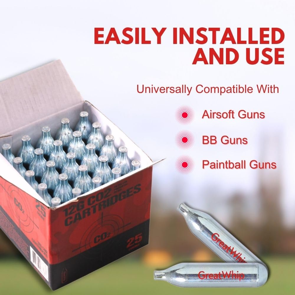 GreatWhip 25 x 12g CO2 Cartridges Non-Threaded Compatible to CO2 BB Gun, Air Gun, Airsoft Gun, Air Pistol, Air Rifle (25 Count)