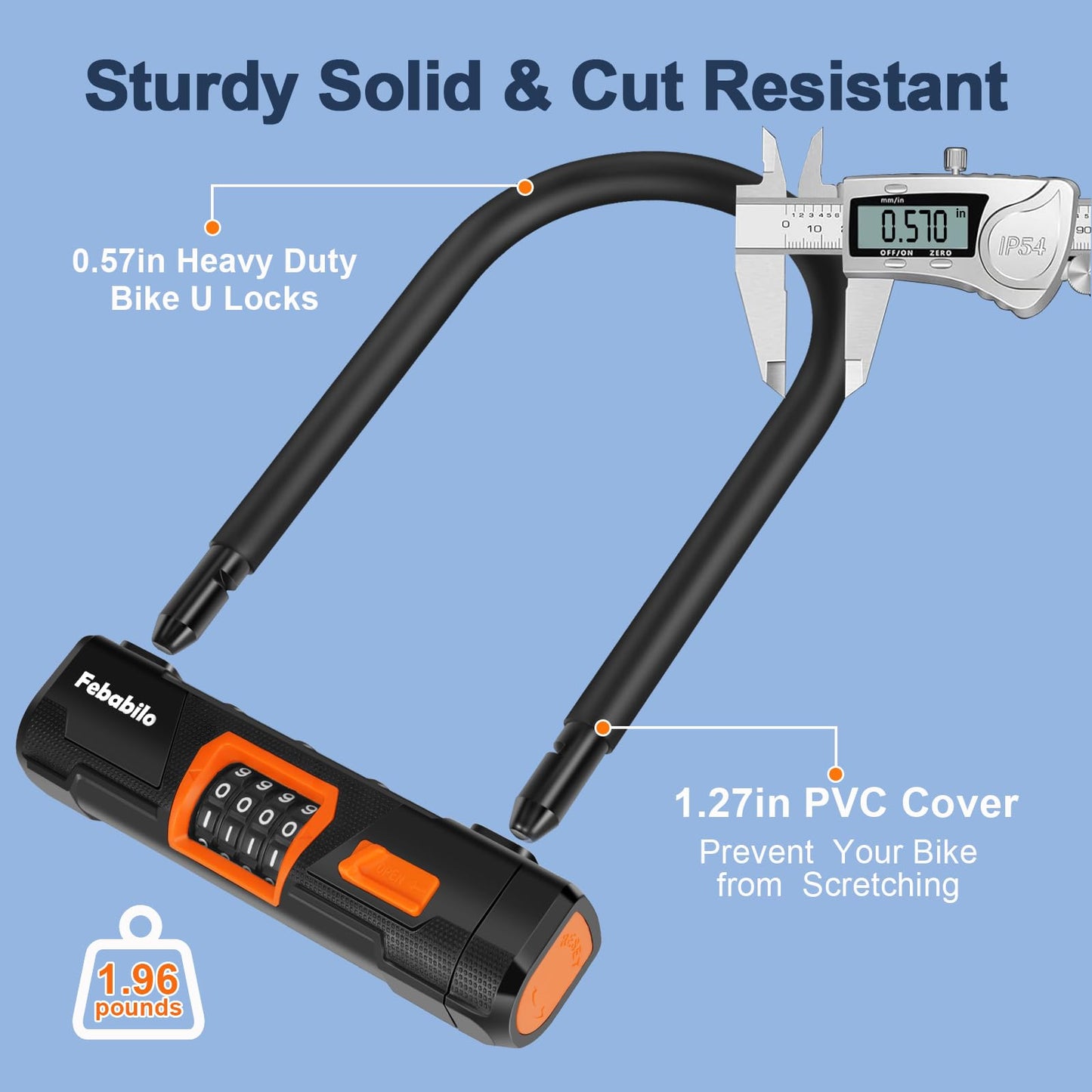 Febabilo Bike Locks Heavy Duty Anti Theft, Combo Bike U Lock, 4-Digit Resettable Combination E-Bike Large U Shaped Lock with 5Ft Steel Cable for Electric Bike, Bicycle, Escooter, Motorcycle,Door