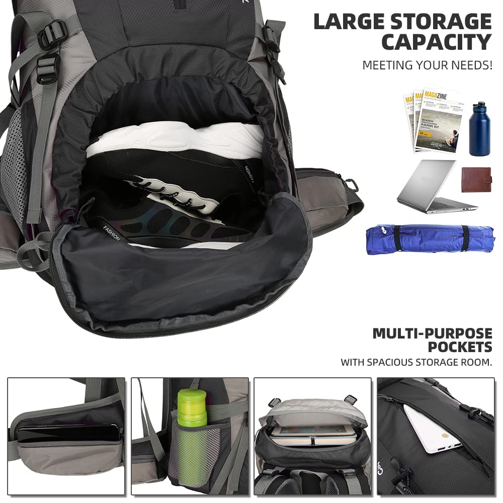 King'sGuard 70L Hiking Backpack Large Lightweight Waterproof Camping Backpack Travel Backpacking Backpack Daypack with Rain Cover -Frameless (Black)