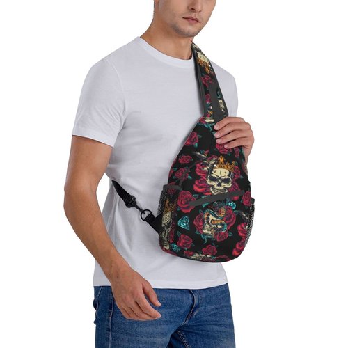 Skull Red Roses Sling Backpack For Men Snake Eagle Hiking Daypack Crossbody Shoulder Bag Travel Chest Pack