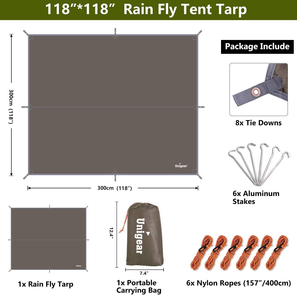 Unigear Hammock Rain Fly, 16.4/14.4/13/10ft Camping Tarp, UV Protection & Waterproof & Lightweight for Camping, Backpacking and Outdoor Adventure (Brown,10 * 10ft)