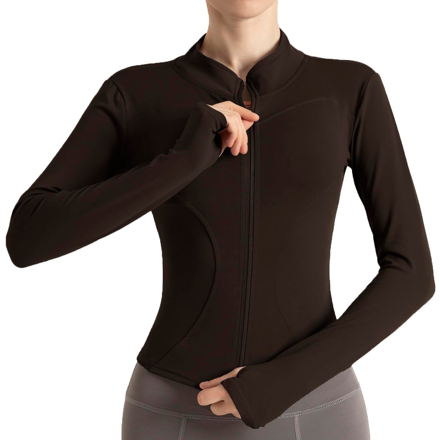 Ncvtang Women's Cropped Lightweight Stretchy Running Track Jackets Full Zip Slim Fit Athletic Tops with Thumb Holes(Coffee,S)