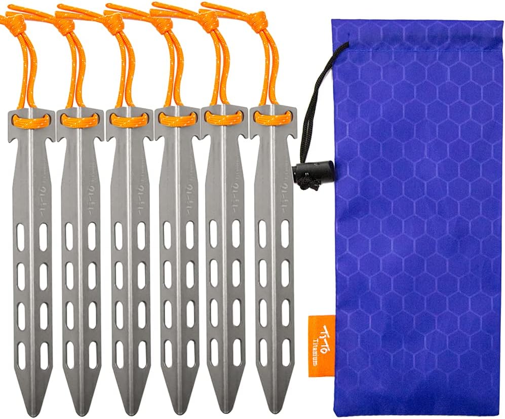 TiTo 6 Pack Titanium Tent Stakes 10X10X160mm V-Shaped Windproof Tent Nail Pegs with Carrying Pouch for Camping, Hiking, Gardening and Canopy (Silver,10X160mm)