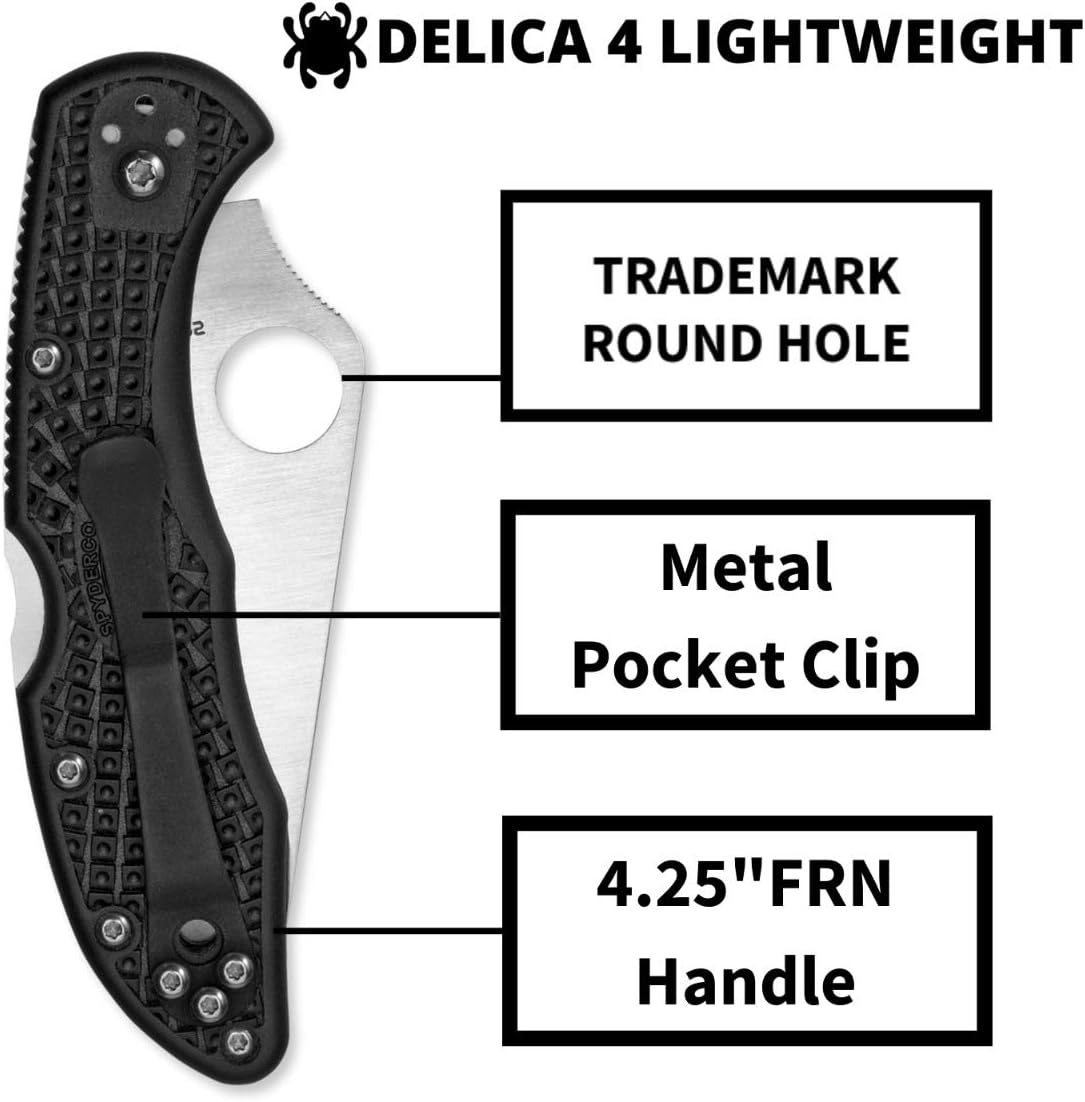 Spyderco Delica 4 Lightweight Signature Knife with 2.9" Saber-Grind Steel Blade and High-Strength FRN Handle - CombinationEdge - C11PSBK