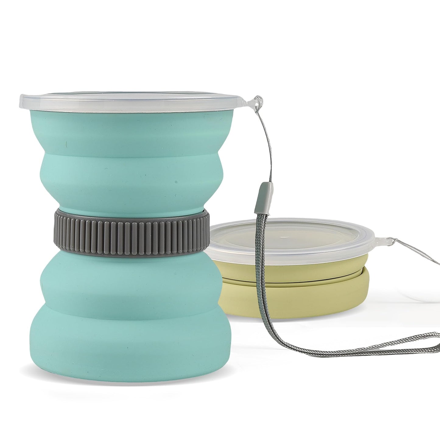 IYYI Collapsible Travel Cup, 10.5oz Foldable Cup with Lid, Silicone Folding Cups for Camping, Hiking, Outdoors, Travel, Portable Camping Cup Set (Green+Sage)