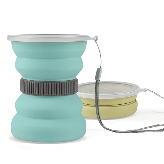 IYYI Collapsible Travel Cup, 10.5oz Foldable Cup with Lid, Silicone Folding Cups for Camping, Hiking, Outdoors, Travel, Portable Camping Cup Set (Green+Sage)