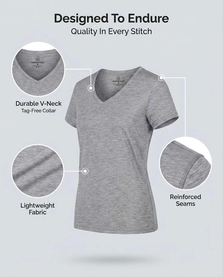 Real Essentials 5 Pack: Women's Dry-Fit Short Sleeve V Neck T Shirt Workout Fitness Yoga Top Tee, Set 7, L