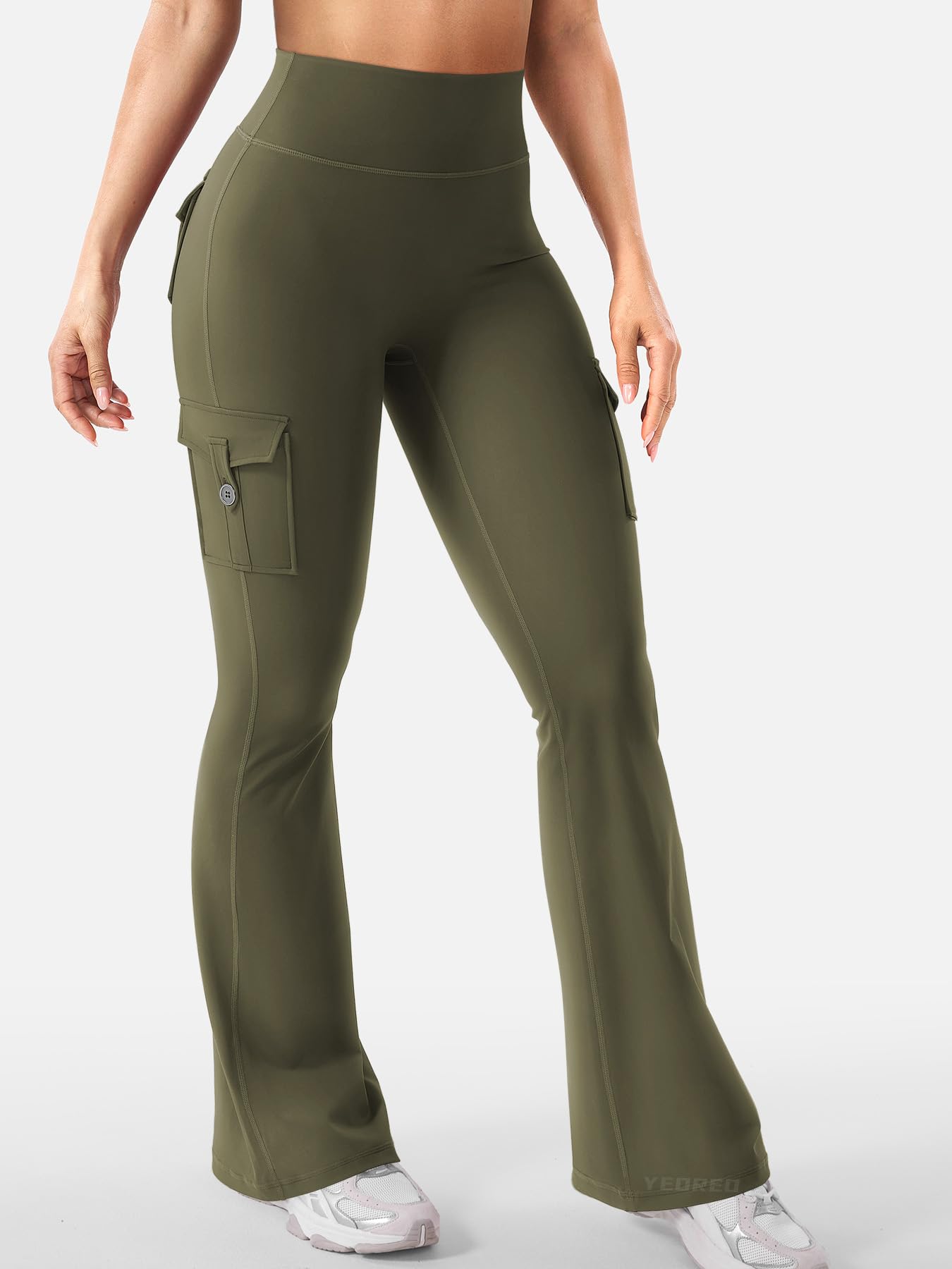 YEOREO CoreFlex Women Workout Flare Leggings with Pockets Hidden Scrunch Cargo Gym Yoga No Front Seam Leggings Army Green M