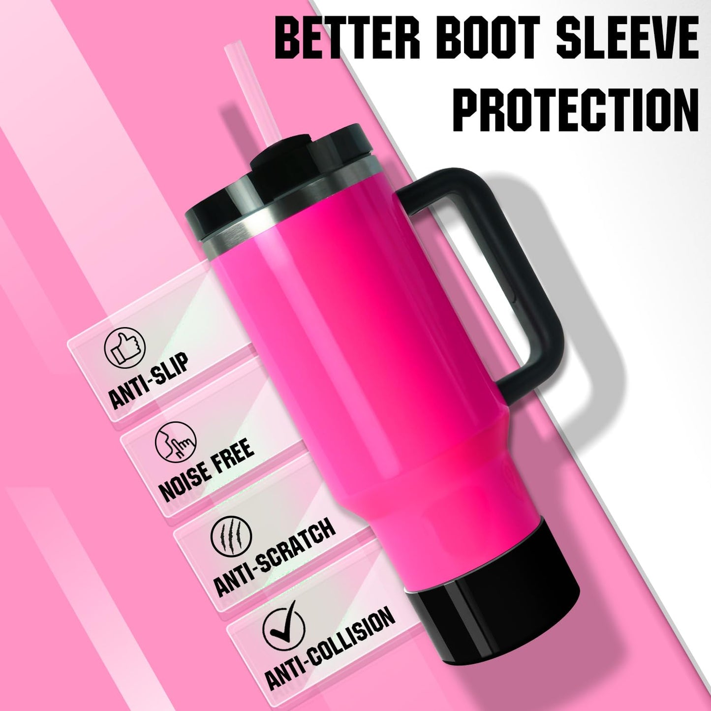 2Pcs Neon Silicone Boot Compatible with Stanley Cup 20-40oz, Hydro Flask 12-24oz & Simple Modern 20-40oz, Antislip Sleeve for More Tumbler & Water Bottle of 2.8-2.95" Base, Electric Pink & Neon Black