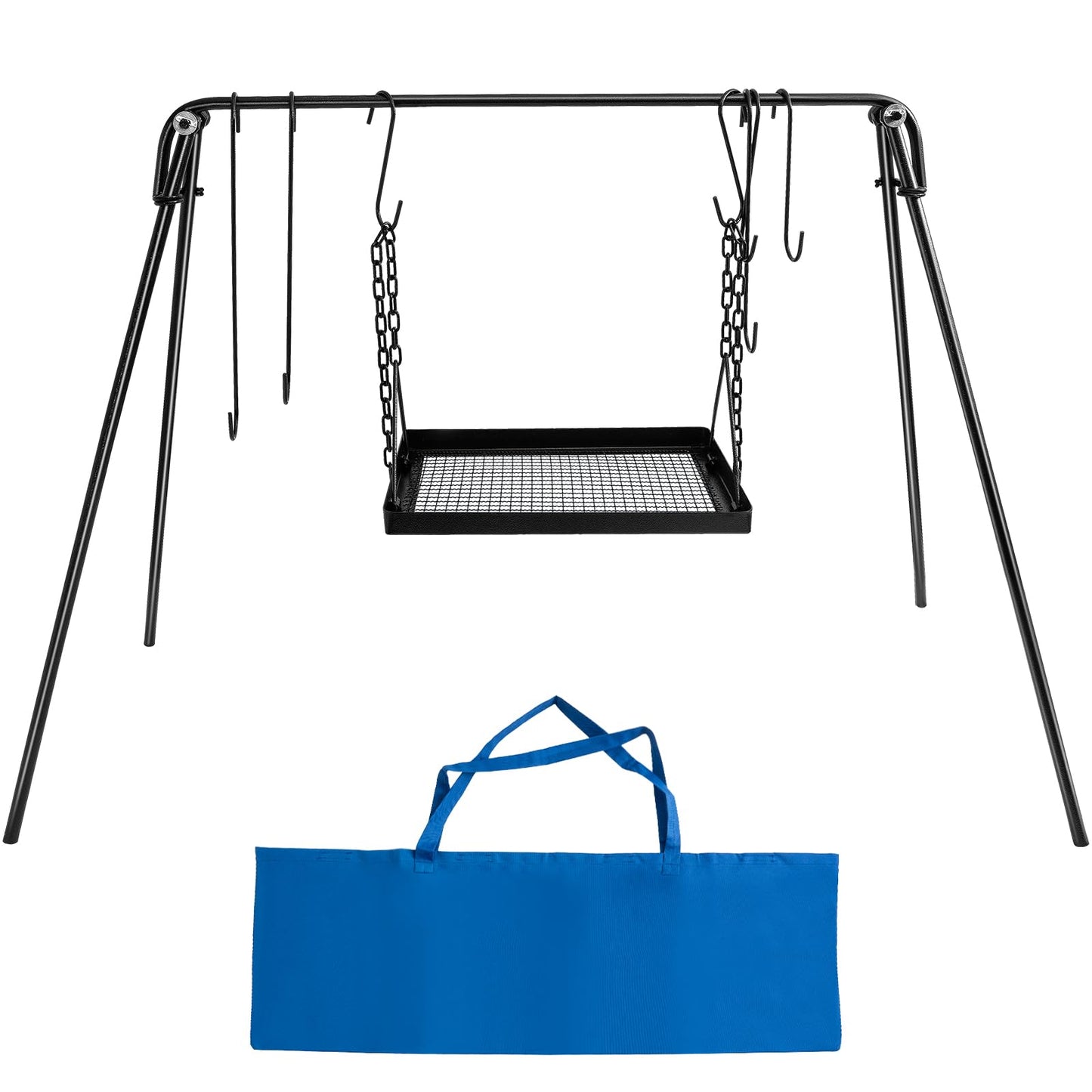 HONYTA Campfire Swing Cooking Grill Stand, Portable Hanging Cooking Rack with Collapsible Legs Adjustable Grill Grate and Hooks for Outdoor BBQ Picnic Cookware Party